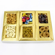 Assorted Dryfruits in Decorative Box (6 Items - Almond, Cashew, Raisin, Figs, Dates, Handmade Chocolate) and Card