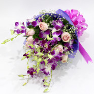 Vivid Love - 5 Purple Orchids, 10 Pink Roses Bouquet and Card
