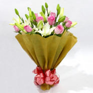 Elegant Arrangement - 4 White Lilies, 10 Pink Roses Bouquet and Card