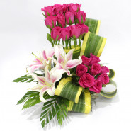 Beautiful Delight - 3 Pink Lilies, 20 Pink Roses Basket and Card