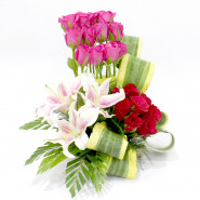 Passionate Memories - 3 Pink Lilies, 20 Red & Pink Roses Basket and Card