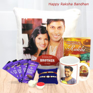 Coolest Brother Ever Personalized Photo Cushion, World's Best Brother Personalized Mug, 5 Dairy Milk, 2 Rakhi and Roli-Chawal