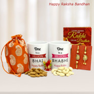 One in a Billion Bhai & One in a Billion Bhabhi Personalized Mugs, Cashews & Almonds in Potli (D), Bhaiya Bhabhi Rakhi Pair and Roli-Chawal