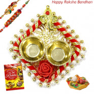 Auspicious Ganesha Thali with Pearls with 2 Rakhi and Roli-Chawal