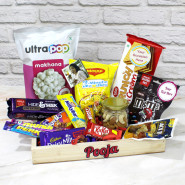 Wonderful Wrappings - Ultra Pop Makhana, Tiffany Wafers, Maggi Noodels, Almonds & Cashews in Jar, Hide Seek Biscuits, Milky Bar, M&M's, Dairy Milk Fruit & Nuts, Crispello, Five Star, Perk, Munch, Kit Kat, Act2 Popcorn, 4 Props, Wooden Tray and Card