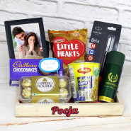 Basketful Of Happiness - Photo Frame, Ferrero Rocher 16 Pcs, Parker Pen, Denver Deo, Cadbury Chocobakes, Cup Noodles, Little Hearts, 2 Personalized Props, Wooden Tray and Card