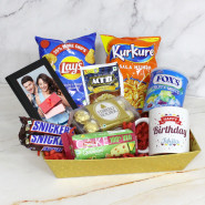 Divine Gifting - Ferrero Rocher 16 pcs, Personalized Mug, Photo Frame, 2 Snickers, Britania Cake, Act2 Popcorn, Lays, Kurkure, Fox's Fruity Mints, Kraft Paper Tray and Card