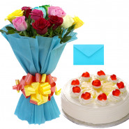 Nice One - 15 Mix Roses Bunch, 1/2 Kg Pineapple Cake + Card