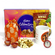 Happy Diwali Personalised Photo Mug, Assorted Dryfruits in Potli (D), Cadbury Celebrations with 2 Diyas and Laxmi-Ganesha Coin
