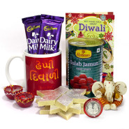 Happy Diwali Personalised Photo Mug, Kaju Katli, Gulab Jamun 500 gms, Ganesh Idol, 2 Dairy Milk with 2 Diyas and Laxmi-Ganesha Coin