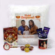 Shuba Depavali Personalised LED Photo Cushion, Happy Diwali Personalised Photo Mug, 2 Dairy Milk with 4 Diyas and Laxmi-Ganesha Coin