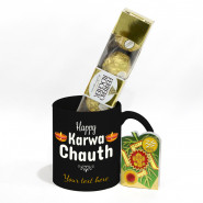 Happy Karwa Chauth Personalized Black Photo Mug, Ferrero Rocher 4 Pcs with Roli Chawal and Card