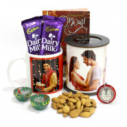Personalized Round Led Lamp, Happy Diwali Personalised Photo Mug, Almond 100 gms, 2 Dairy Milk with 2 Diyas and Laxmi-Ganesha Coin