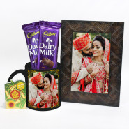 Happy Karwa Chauth Personalized Black Photo Mug, Personalized Photo Frame, 2 Dairy Milk with Roli Chawal and Card