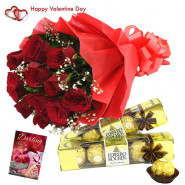 Ferrero Rose Extravaganza - Double Roses - 10 Red Roses Bunch, 2 Ferrero Rocher 4 Pcs each & Valentine Greeting Card