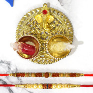 Delicate Golden Ganesha Thali with Red Tika with 2 Rakhi and Roli-Chawal