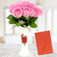 Gleeful - 10 Pink Roses in Vase & Card