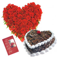 Beauty of Heart - Heart Shape of 40 Red Roses + Black Forest Cake Heart Shaped 1kg + Card