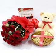 Joyful Gift - Bunch of 12 Red Roses, Assorted Dryfruits in Basket 200 gms, Teddy 6 inch & Card
