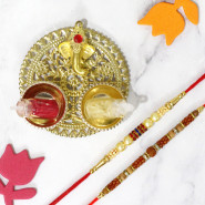 Delicate Golden Ganesha Thali with Red Tika with 2 Rakhi and Roli-Chawal