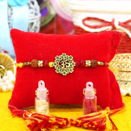 Stunning OM Rakhi with Antique Golden Metalwork, Rudrakshas and Two Tone Thread with Tassels