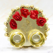 Crafted Ganesh - Almonds 100 gms, Ganesh Idol, Elegant Ganesh Thali with Flowers & Pearls with 2 Rakhi and Roli-Chawal