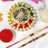 Exquisite Gota & Meenakari Work Thali with Pearls with 2 Rakhi and Roli-Chawal