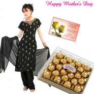 Mom's Chocolaty Hamper - Black Thread Work Suit, Ferrero Rocher 24 pcs and Card
