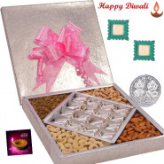 Superb Diwali Treat - Anjir Roll 500 gms & Mix Dry fruits 500 gms  in a decorative box with 2 Diyas and Laxmi-Ganesha Coin