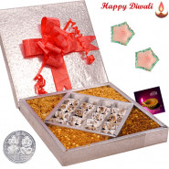 Enticing Gifts Box - Anjir Roll 500 gms & Assorted Namkeen 500 gms  in a decorative box with 2 Diyas and Laxmi-Ganesha Coin