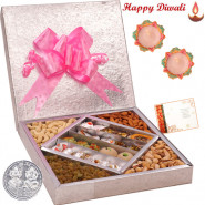 Incredible Treat - Kaju Mix 500 gms & Mix Dry fruits 500 gms  in a decorative box with 2 Diyas and Laxmi-Ganesha Coin