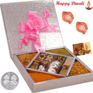 Awsome Gift Box - Kaju Mix 500 gms & Assorted Namkeen 500 gms in a decorative box with 2 Diyas and Laxmi-Ganesha Coin