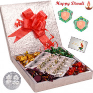 Extraordinary Combo - Pista Roll 500 gms & Handmade Chocolates 500 gms  in a decorative box with 2 Diyas and Laxmi-Ganesha Coin