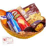 Adorable Gift Basket - Haldiram Namkeen, Oreo Cookies, 1 Snickers, 1 Twix, Pringles Wafers, Ferrero Rocher 4 pcs, Fox Crystal Clear & Card