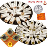 All For You - Kaju Anjir Roll 250 gms, Kaju Pista Roll 250 gms, 4 Diyas on Tray with Laxmi-Ganesha Coin