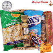 All in 1 Basket - Haldiram Namkeen, 1 Gems, Dryfruit Chikki Box, Fox Crystal Clear, Ferrero Rocher 4 pcs with Laxmi-Ganesha Coin