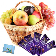 Awesome Fruit Basket - 2 Kg Mix Fruits in Basket, 5 Dairy Milk 20 gms Each and Card