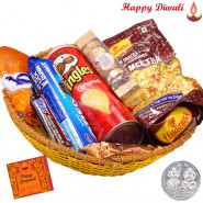 Awsome Gift Basket - Haldiram Namkeen, Oreo Cookies, 1 Snickers, 1 Twix, Pringles Wafers, Ferrero Rocher 4 pcs, Fox Crystal Clear with Laxmi-Ganesha Coin