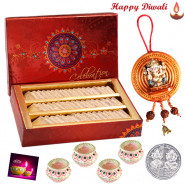 Awsome Sweet - Kaju Katli 500 gms, Hanging Ganesha with 4 Diyas and Laxmi-Ganesha Coin