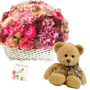 Beauteous Combo - Basket 15 Pink Mix Flowers + Teddy Bear 6" + Card