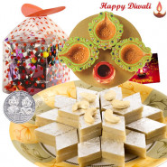 Big Combo - Assorted Chocolates 200 gms, Kaju Katli 250 gms, 4 Diyas on Tray with Laxmi-Ganesha Coin