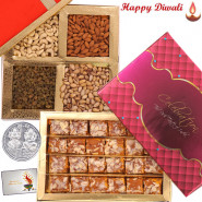 Big Diwali Gift - Kesar Mohanthal 250 gms, Assorted Dry fruits 200 gms with Laxmi-Ganesha Coin