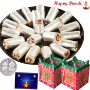 Blissful Gift - 2 Tulsi Diya, Kaju Anjeer Roll with Laxmi-Ganesha Coin