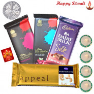 Cadbury Hamper - 2 Bournville, Temptations, Dairy Milk Silk with 4 Diyas and Laxmi-Ganesha Coin