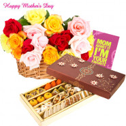 Charming Mom - 15 Mix Flowers Basket, 500 gms Assorted Sweets and Card