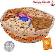 Choco Dryfruit Basket - Assorted Dryfruits 1 kg in Basket with Handmade Chocolates with Laxmi-Ganesha Coin