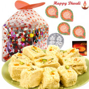 Chocolates n Sweets - Assorted Chocolates 200 gms, Haldiram Soan Papdi 250 gms with 4 Diyas and Laxmi-Ganesha Coin