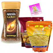 Coffee Time Crisp - Nescafe Gold Premium Imported Coffee, 2 Haldiram Namkeen and Card