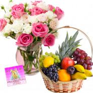 Colorful Basket - 15 Pink & White Roses in Vase, 4 kg Mix Fruits Basket and Card
