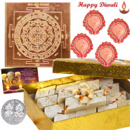 Copper Gift - Copper Sri Yantra, Kaju Katli with 4 Diyas and Laxmi-Ganesha Coin